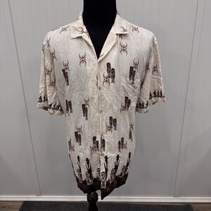 VTG Diamond Head Men's 2XL Cream Aztec Western Tiki Button-Front Hawaiian Shirt